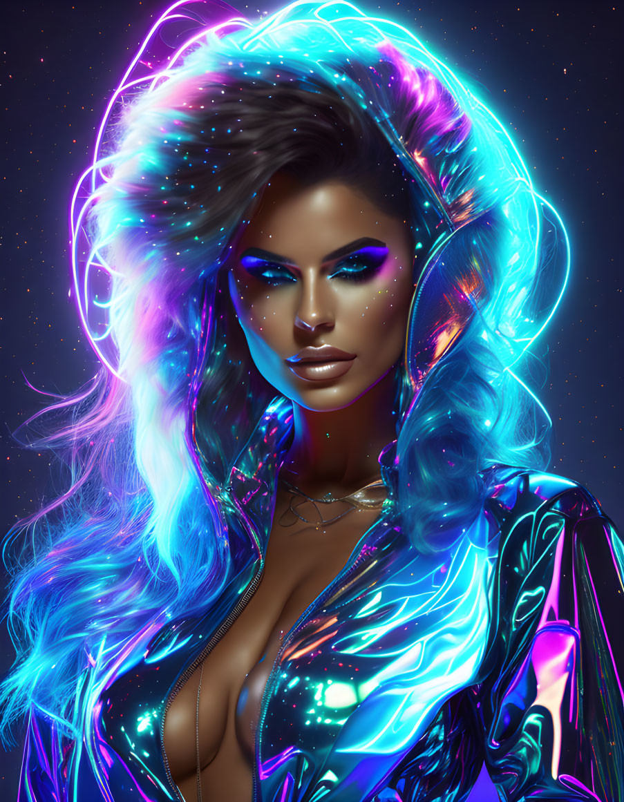 Digital Art: Woman with Neon Hair & Futuristic Outfit on Starry Night