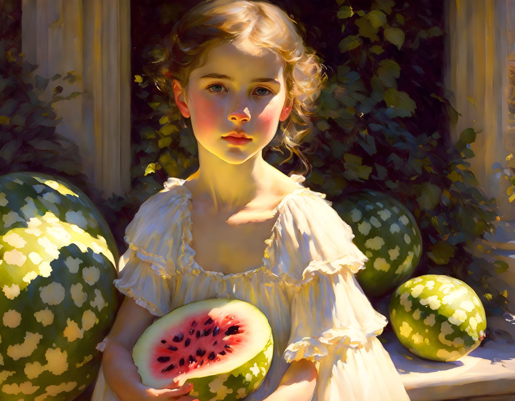 Young girl with watermelon slice in sunny garden.