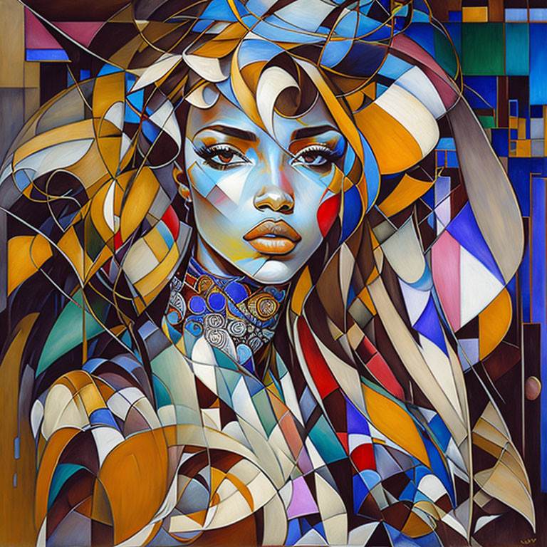 Vibrant Cubist-Style Portrait of Woman with Flowing Hair