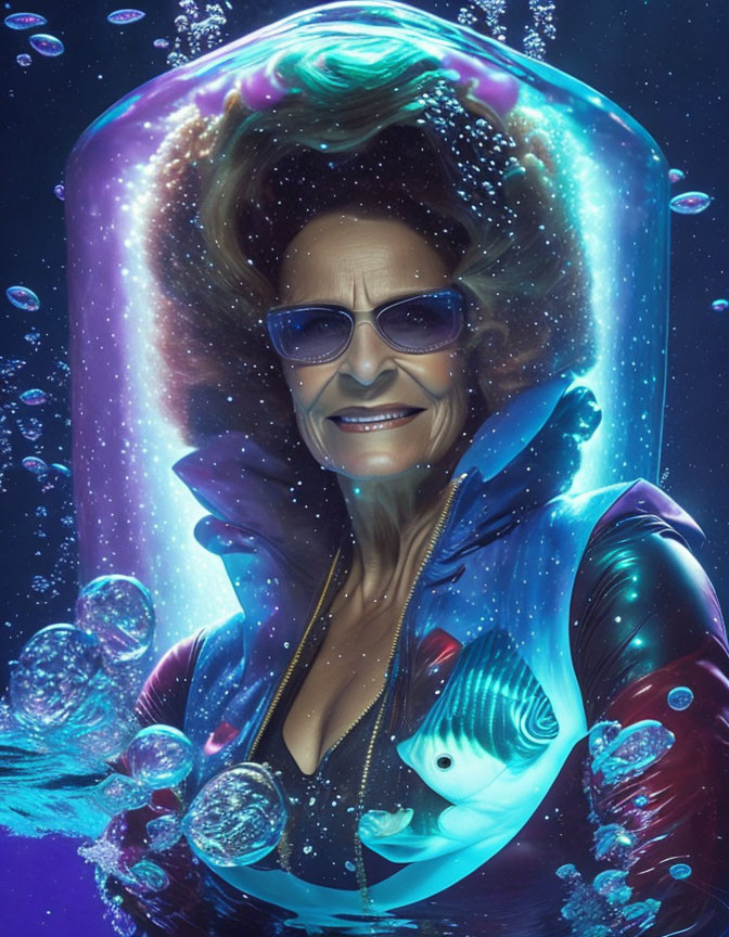 Elderly lady in underwater bubble with fish and bubbles