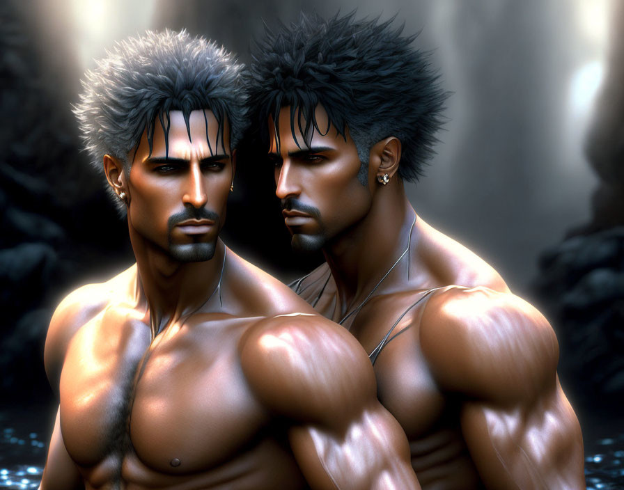 Muscular animated men with white and black hair posing against misty background