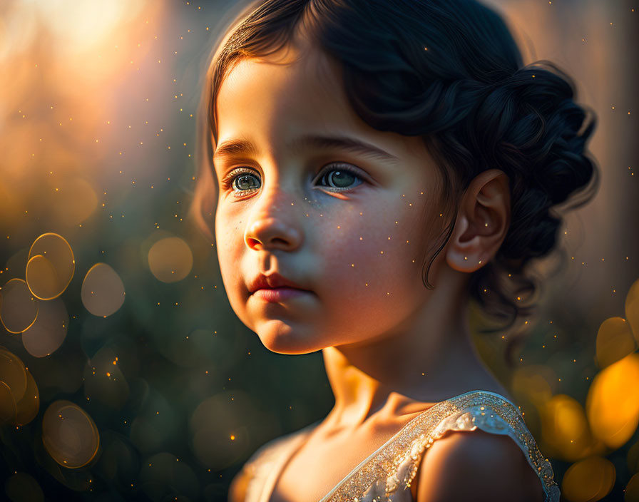 Young child with striking eyes and curly hair in soft sunlight and golden bokeh