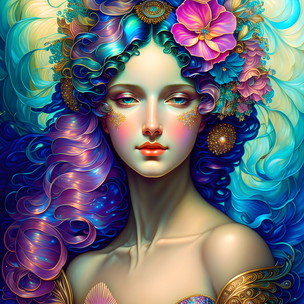 Fantasy female figure with flowing blue hair and floral adornments