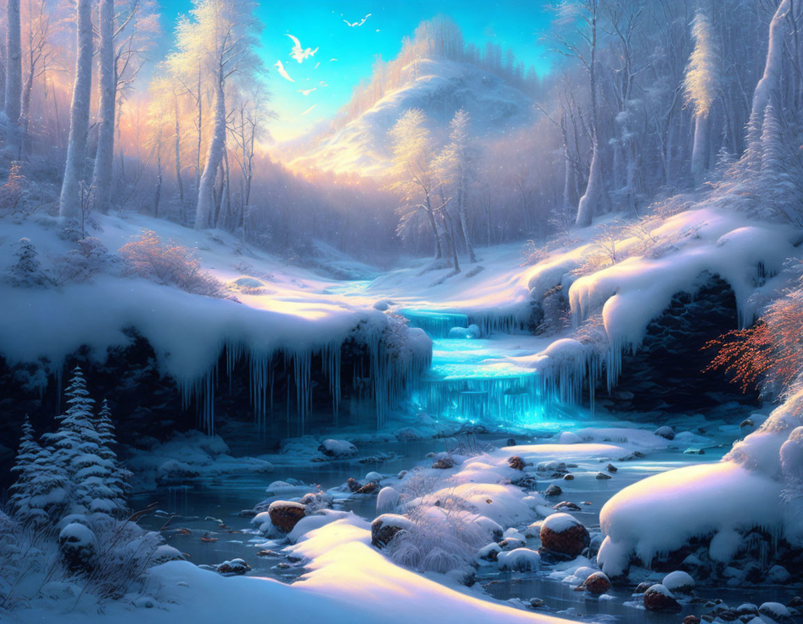 Winter landscape: Turquoise stream, snow-covered trees, sunlight.