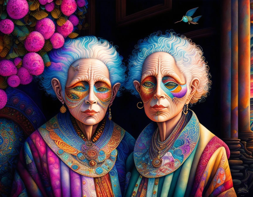 Two elderly women with colorful face paint and elaborate garments in vibrant nature scene.