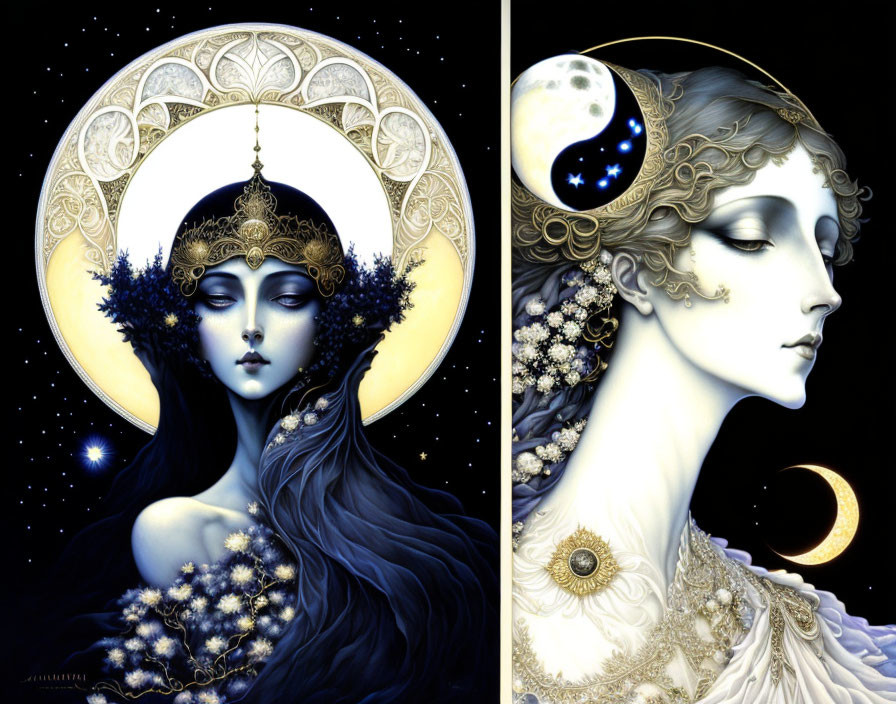 Stylized fantasy diptych: Two women in blue tones with celestial motifs