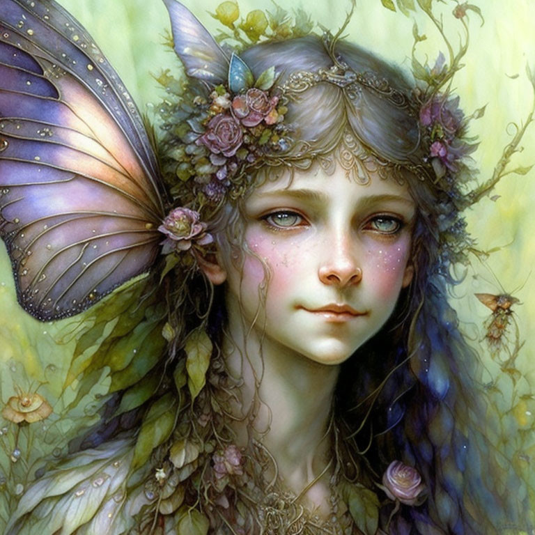 Fantasy portrait of female figure with butterfly wings and floral elements
