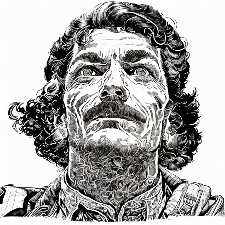 Monochrome illustration: man with curly hair, beard, neck tattoos gazes up