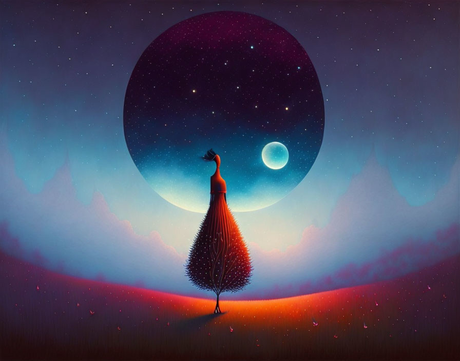 Colorful peacock illustration under moonlit sky with tree tail.