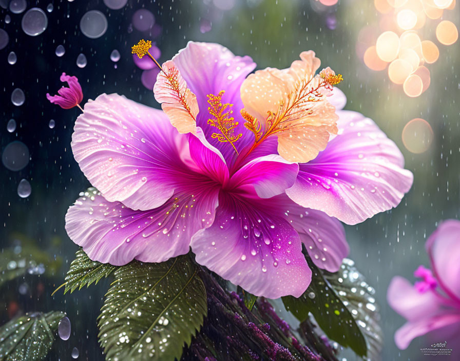 Pink and Peach Hibiscus Flower with Dewdrops and Rain Bokeh