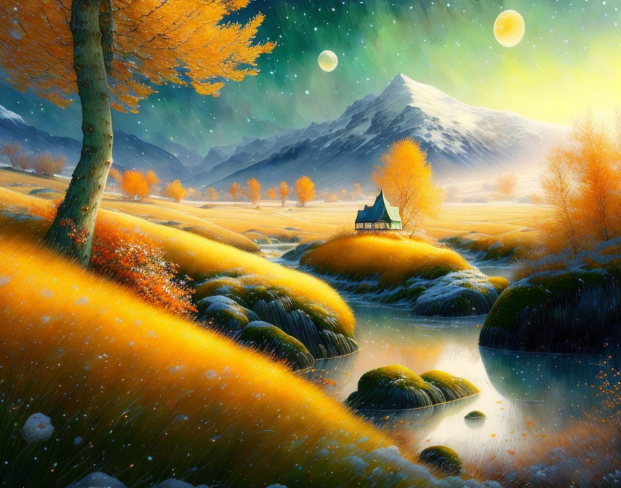 Fantasy landscape with glowing house, rolling hills, streams, autumn trees, two moons, snow-c