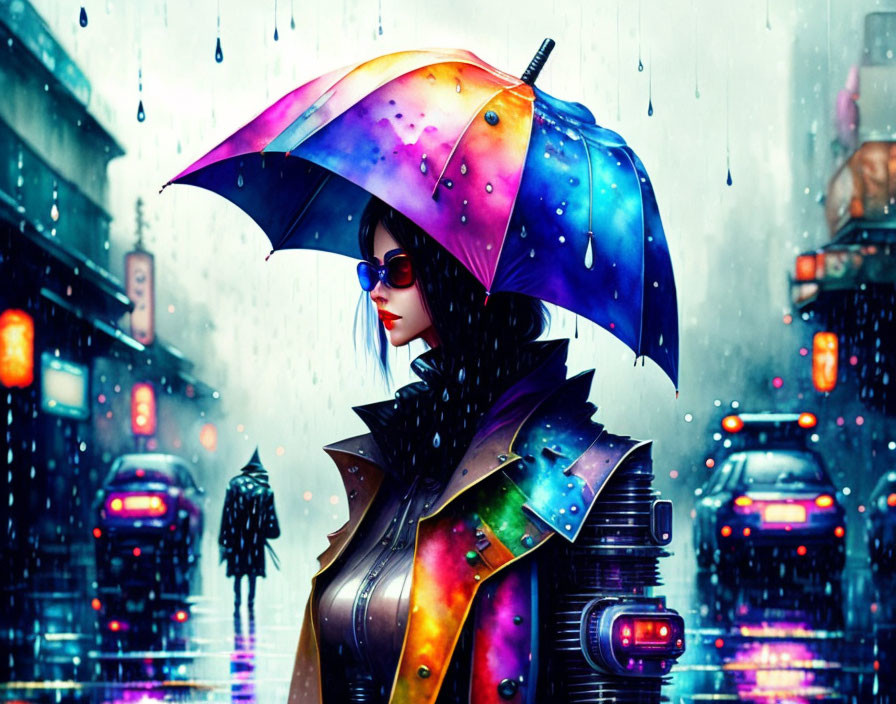Colorful umbrella held by person in rain under city lights
