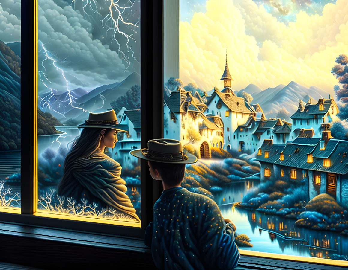 Two individuals in hats observing village with lightning.