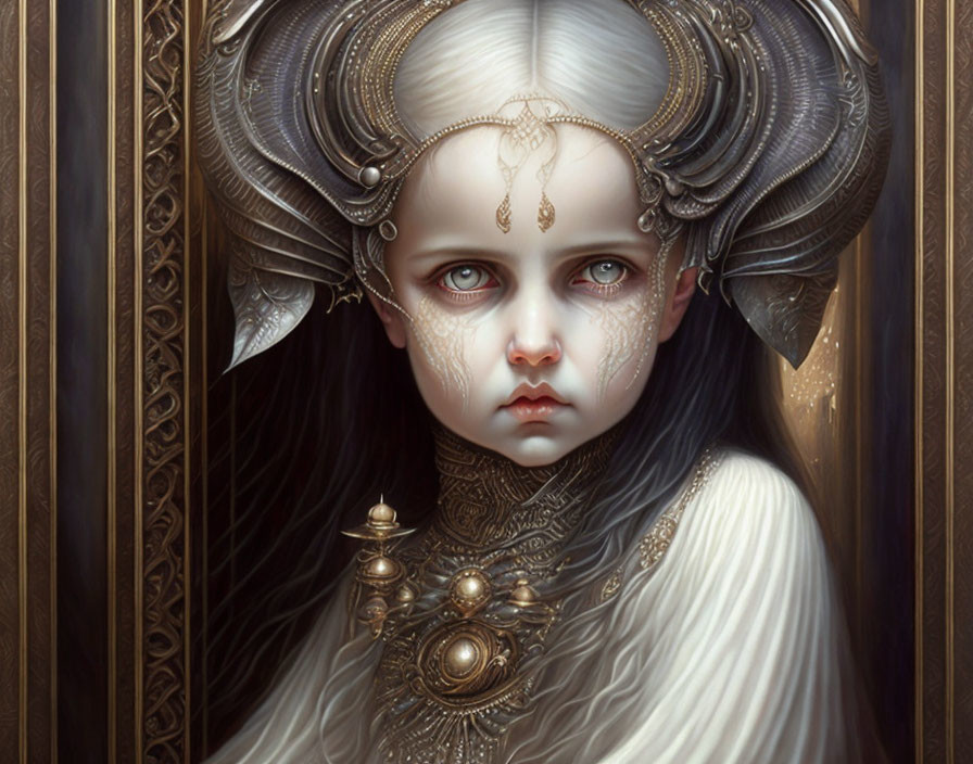 Pale-skinned child in fantasy headgear with blue eyes.