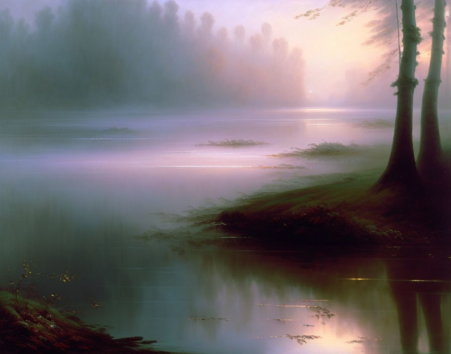 Tranquil dawn landscape with misty river, tree silhouettes, and pink sunrise