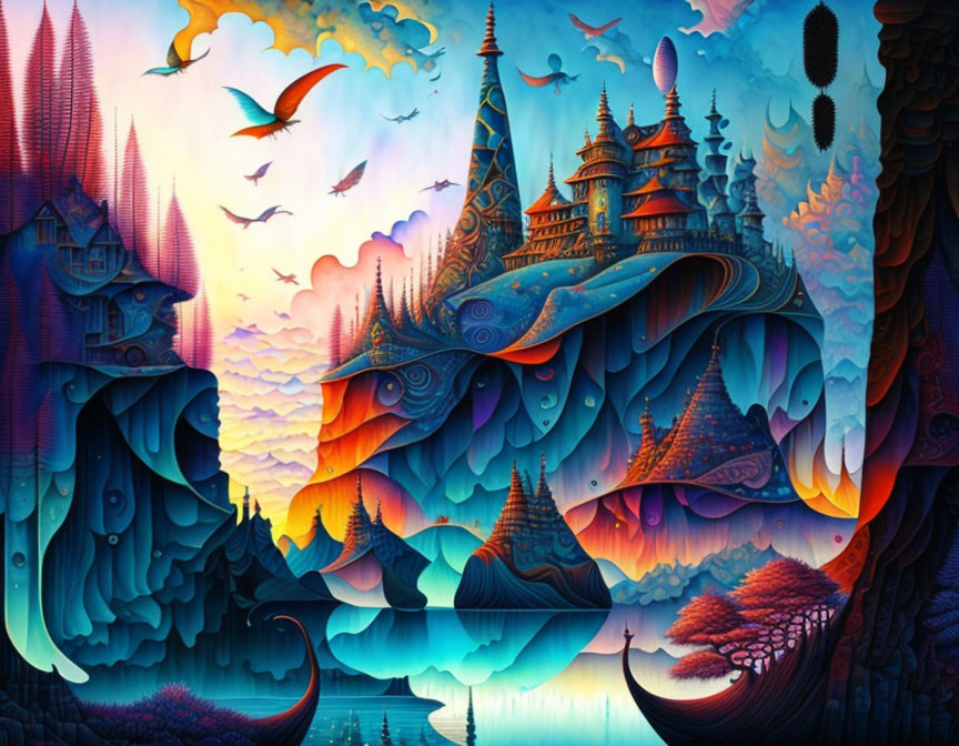 Colorful surreal landscape with whimsical architecture and ocean waves blending into the sky.