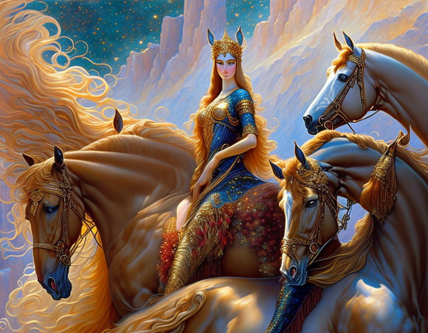 Regal Woman in Blue and Gold Dress on Horseback