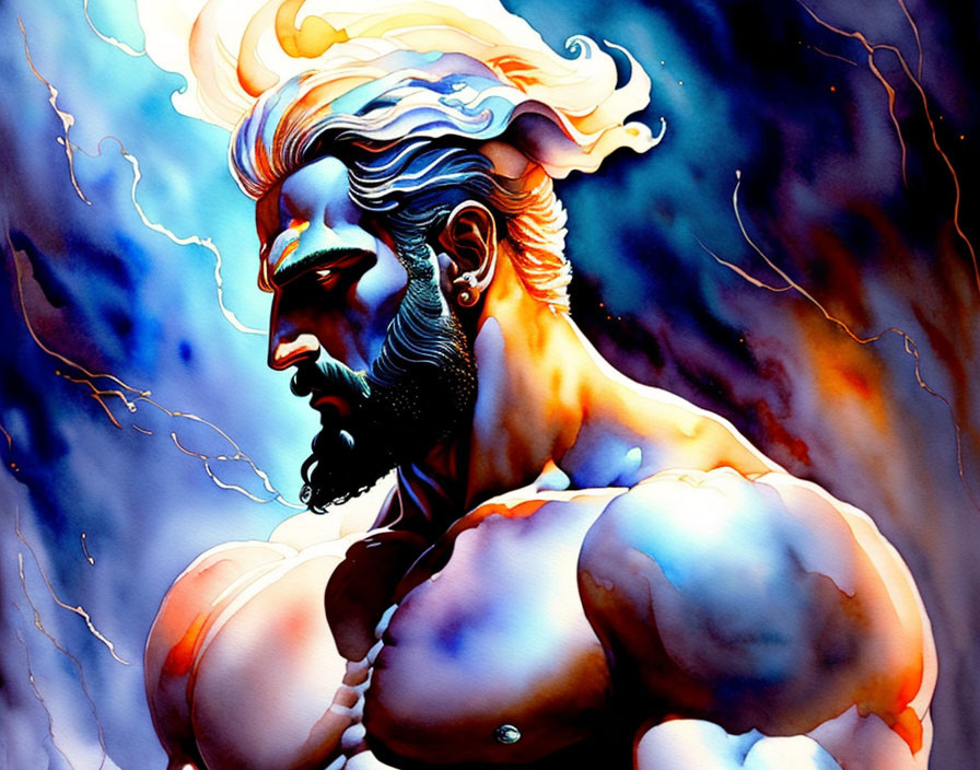 Muscular bearded character with wave-like hair in blue and red nebulous background