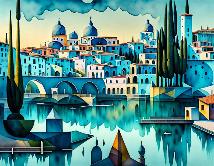 Stylized painting: Tranquil riverside town with domed buildings and boat silhouettes