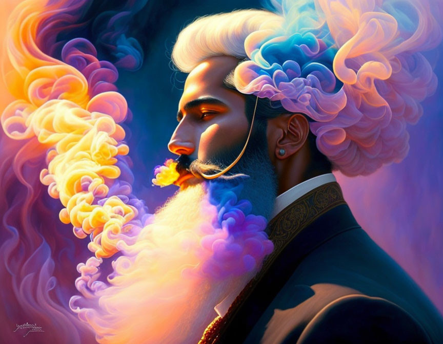 Colorful smoke portrait of man with white beard on vibrant background