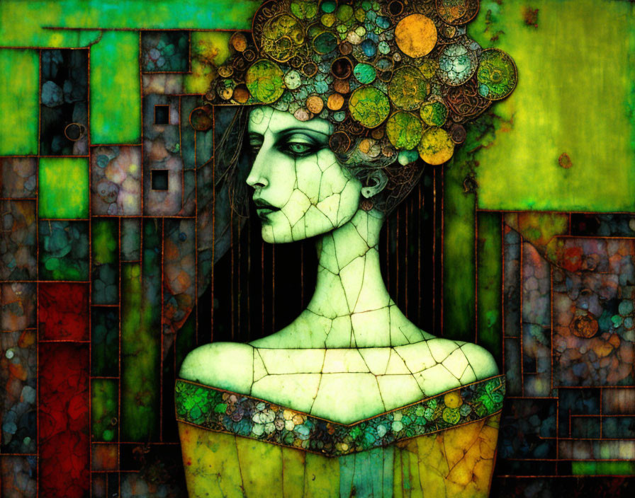 Colorful digital painting of woman with mosaic background and floral hair pattern