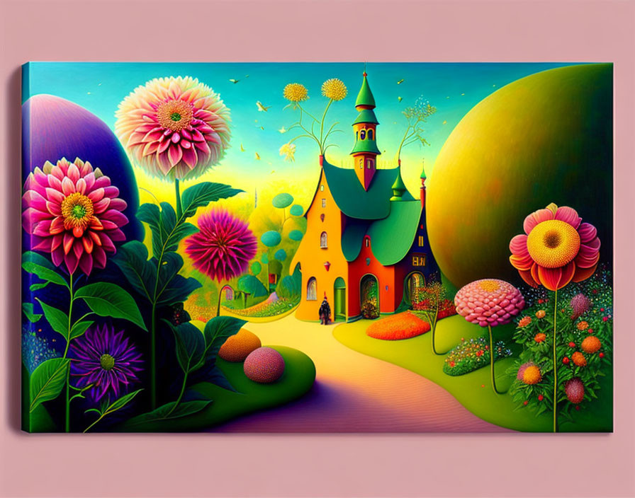 Vibrant surreal painting of whimsical landscape with oversized flowers and castle under dreamy sky