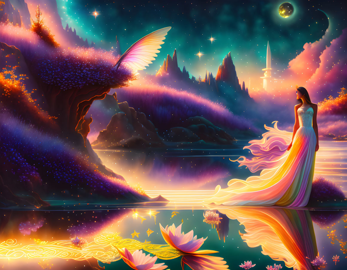 Vibrant surreal landscape with woman, luminous river, glowing flora, flying creature