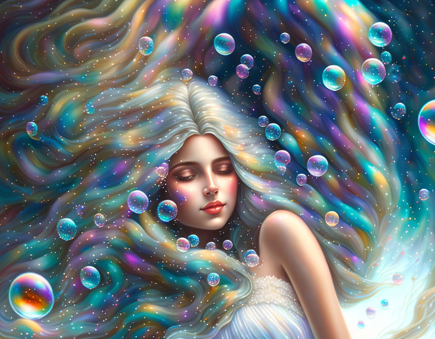 Surreal image: Woman with flowing hair in cosmic background surrounded by iridescent bubbles