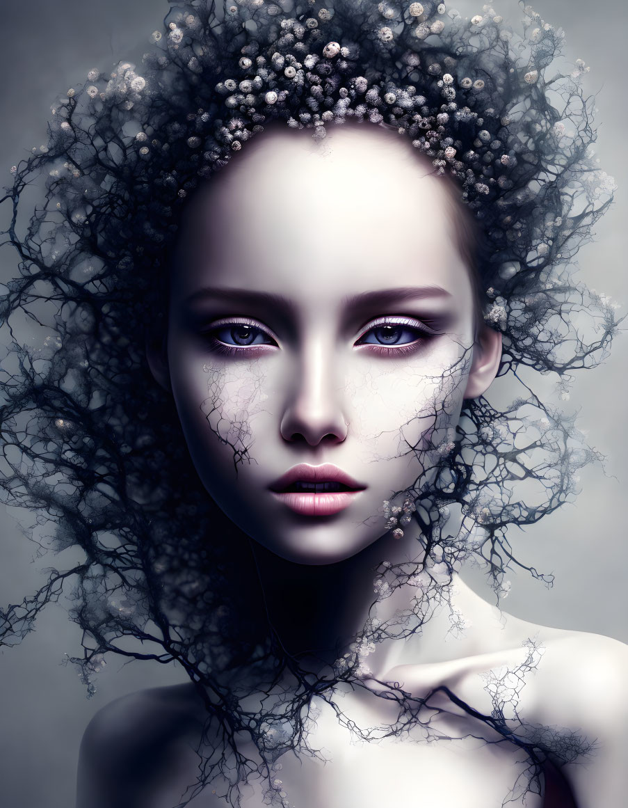 Digital artwork: Woman with purple eyes, pale skin, and intricate floral hair.