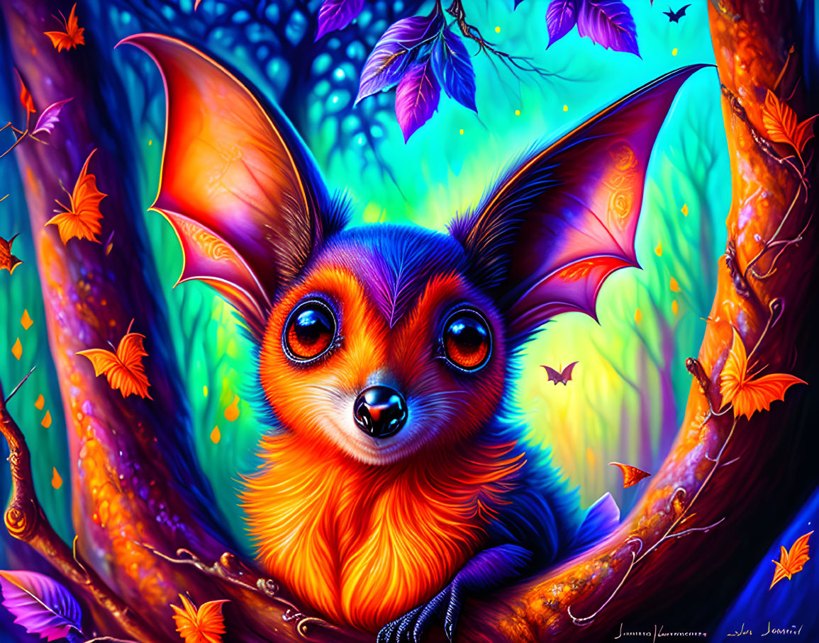 Colorful Illustration: Cute Bat in Vibrant Fantasy Tree