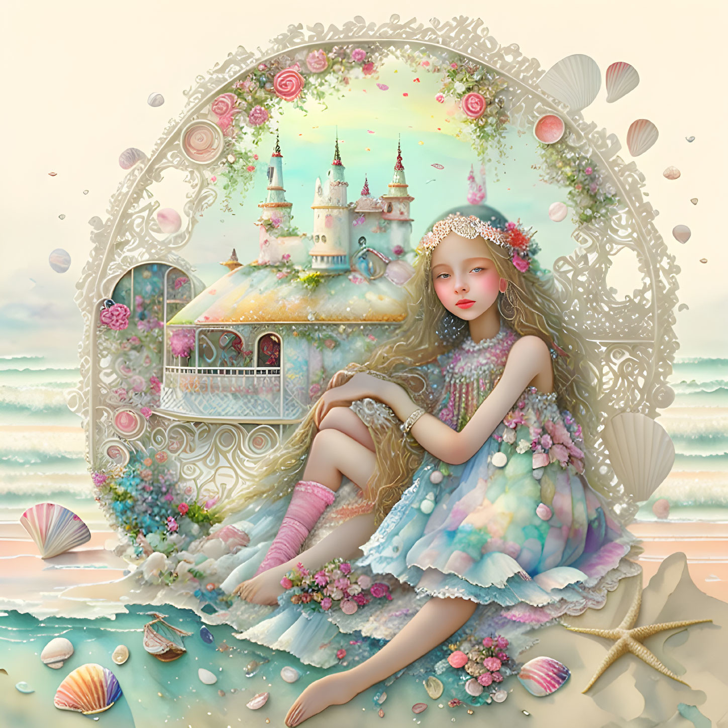 Illustration of girl by ocean with shells and castle