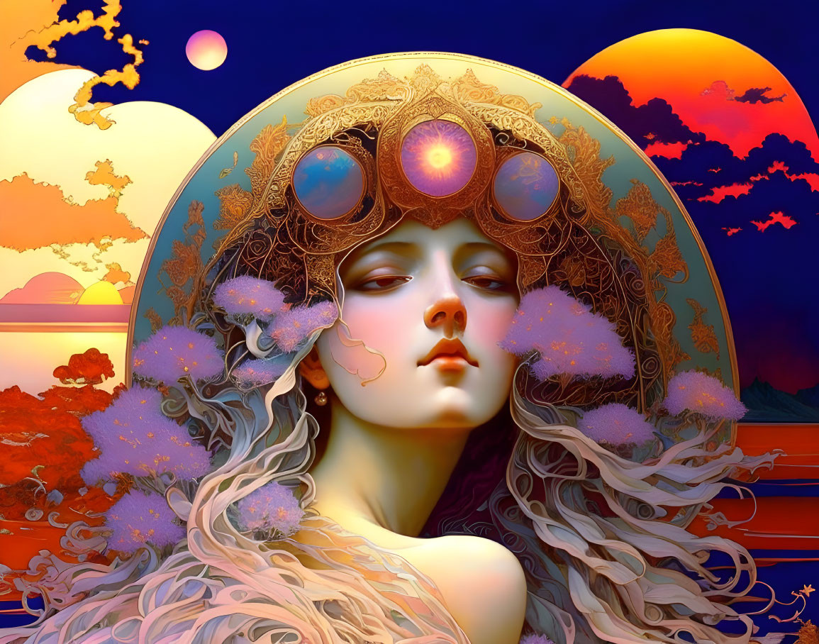 Surreal portrait of woman with elaborate headdress and celestial bodies against vibrant sunset
