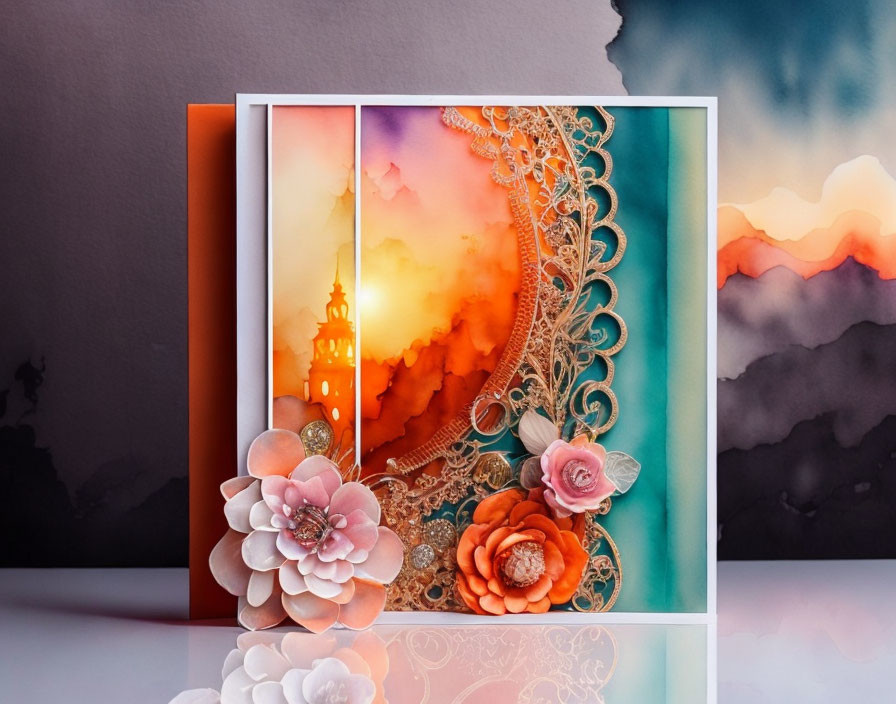 Layered Paper Design with Lace Patterns, Sunset Colors, and Paper Flowers