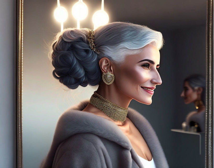 Stylish elderly woman in fur shawl and gold choker smiling in well-lit room