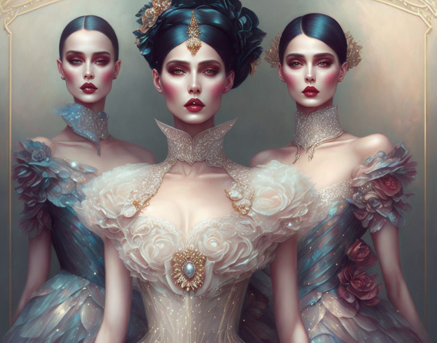 Ethereal women in ornate vintage hairstyles and opulent gowns