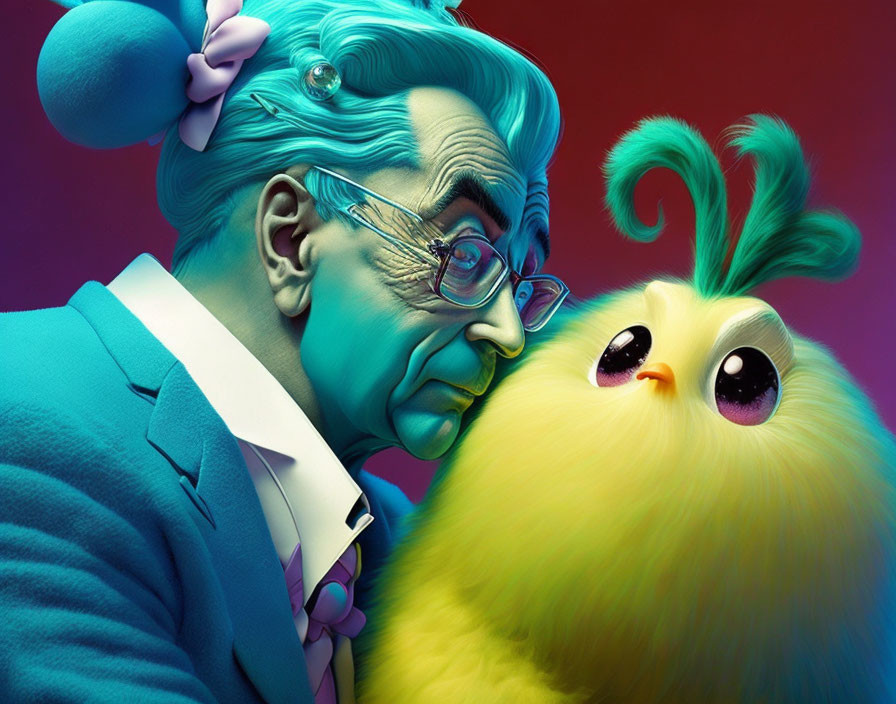 Colorful Illustration: Elderly Man in Blue Suit with Yellow Chick