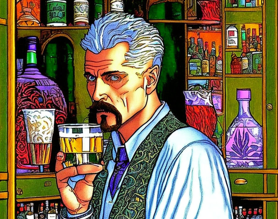 Elderly man with beer glass in vibrant bar scene
