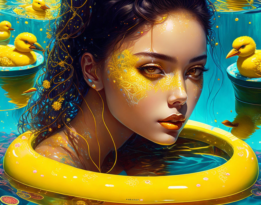 Digital artwork of woman with yellow floral face patterns in water with rubber ducks & float ring