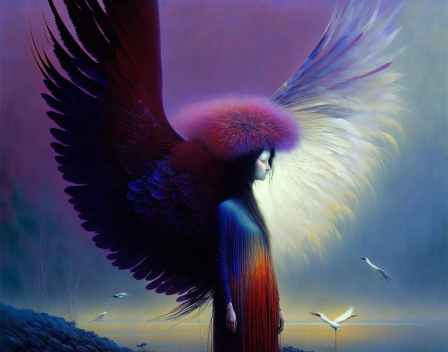 Illustration of person with vivid wings and feather halo by waterside