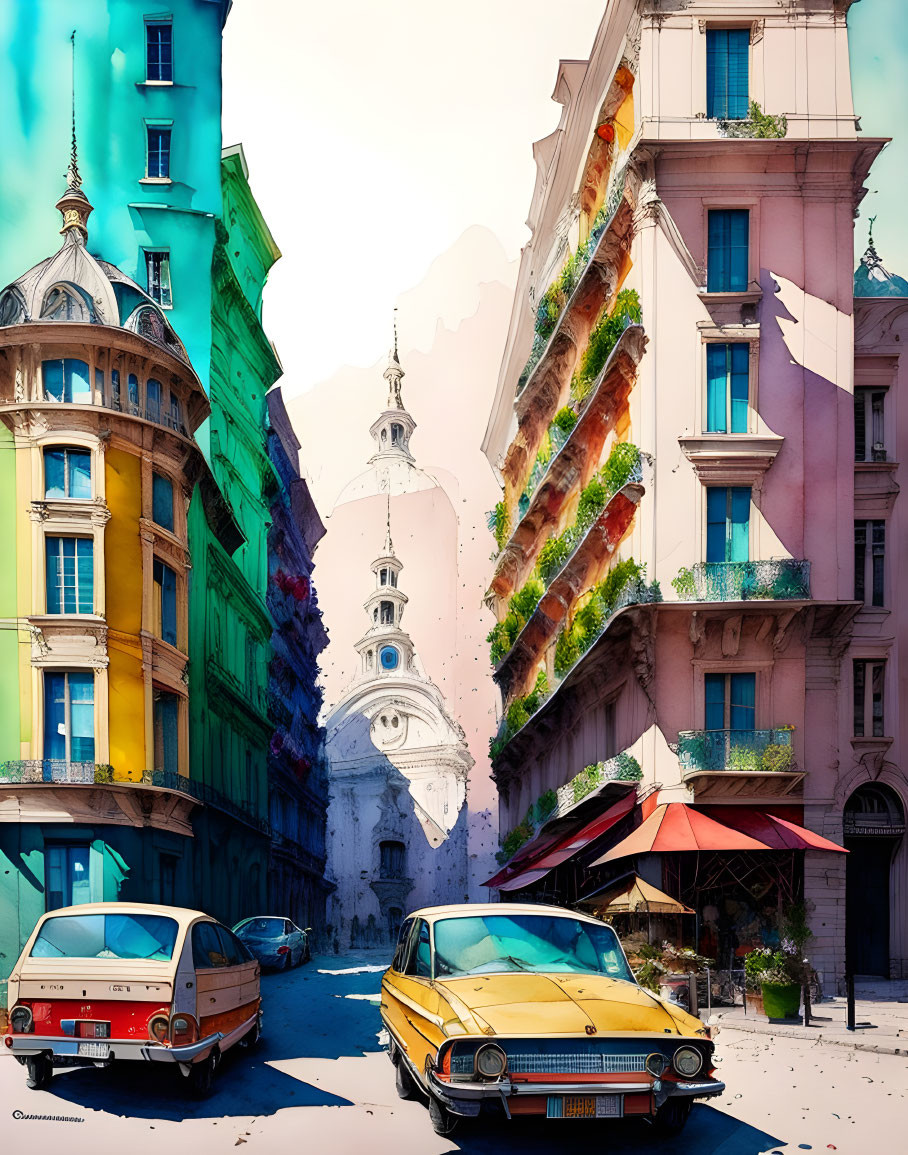 Vibrant urban street scene with vintage cars and European architecture