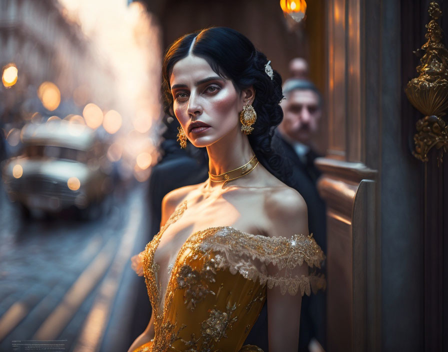 Elegant woman in gold dress with lace details in vintage street scene at dusk