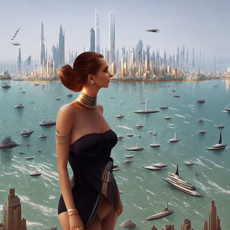 Woman in Black Dress Overlooking Futuristic Cityscape