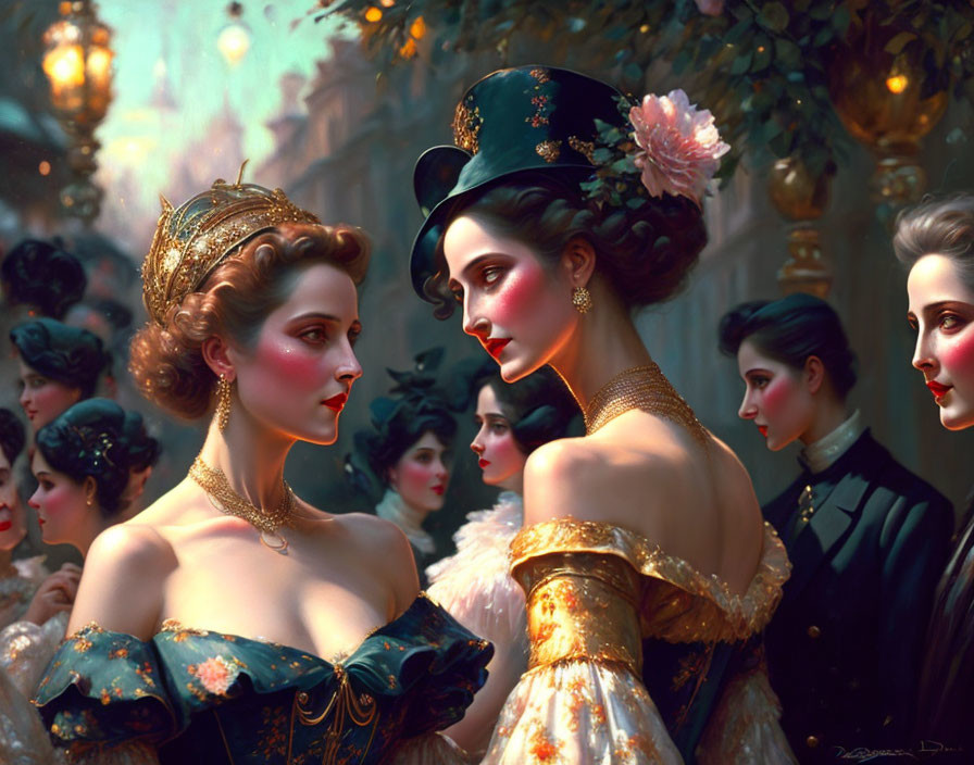 Detailed Victorian-era digital painting of elegant women in intricate attire.