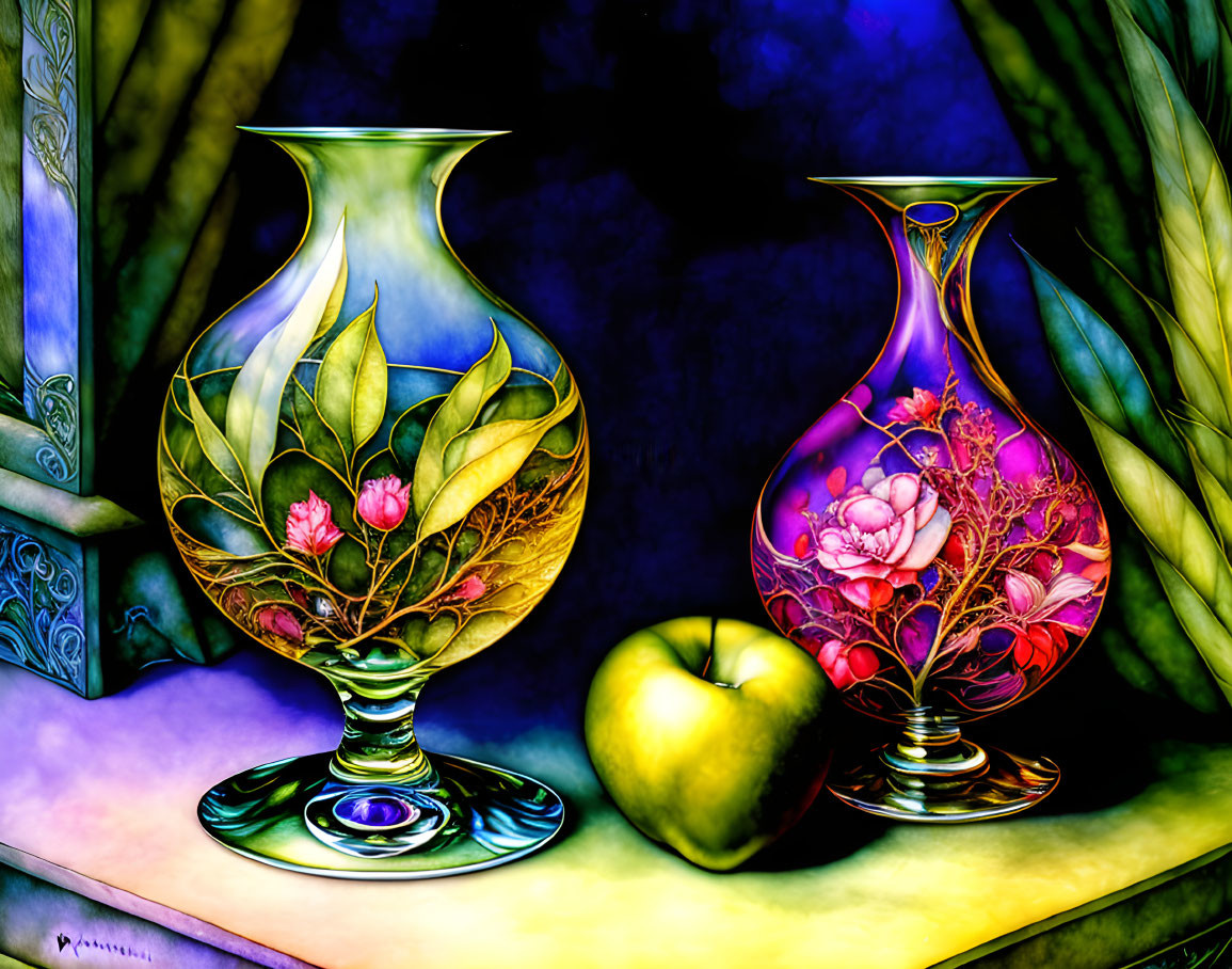 Colorful Glass Vases with Floral Patterns and Green Apple on Vibrant Background