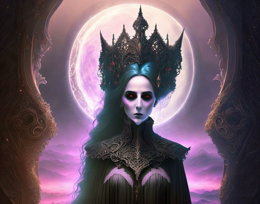 Dark Gothic Fantasy Figure with Ornate Crown and Moon in Purple Clouds