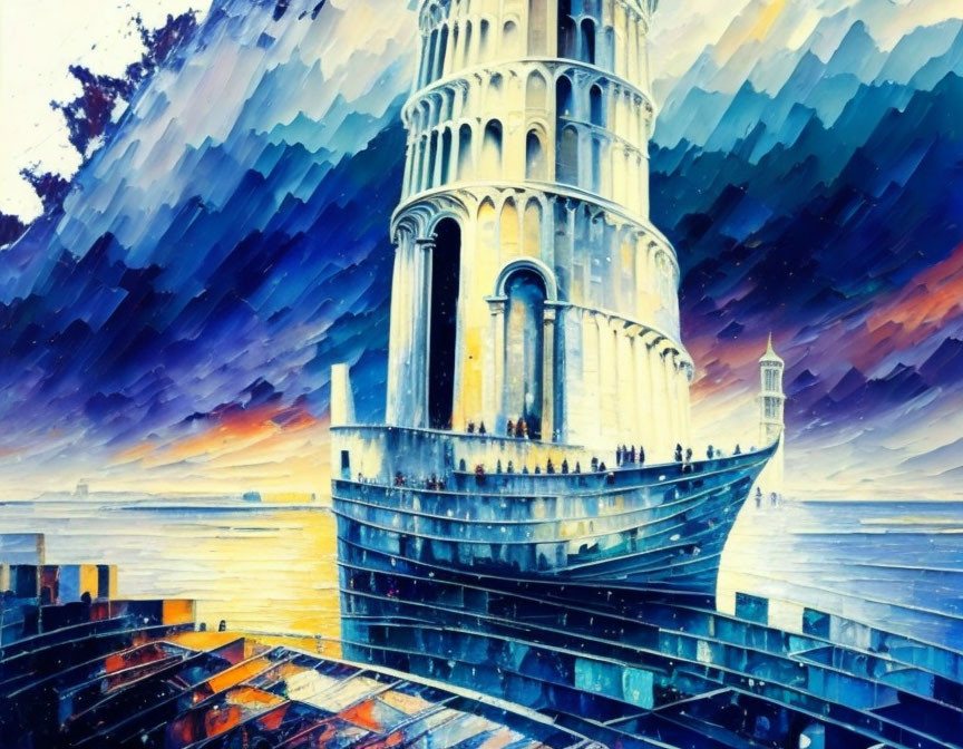 Impressionistic painting of Leaning Tower of Pisa with stormy sky & geometric patterns