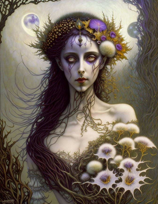 Fantasy artwork of woman with pale skin and crown, in misty forest.