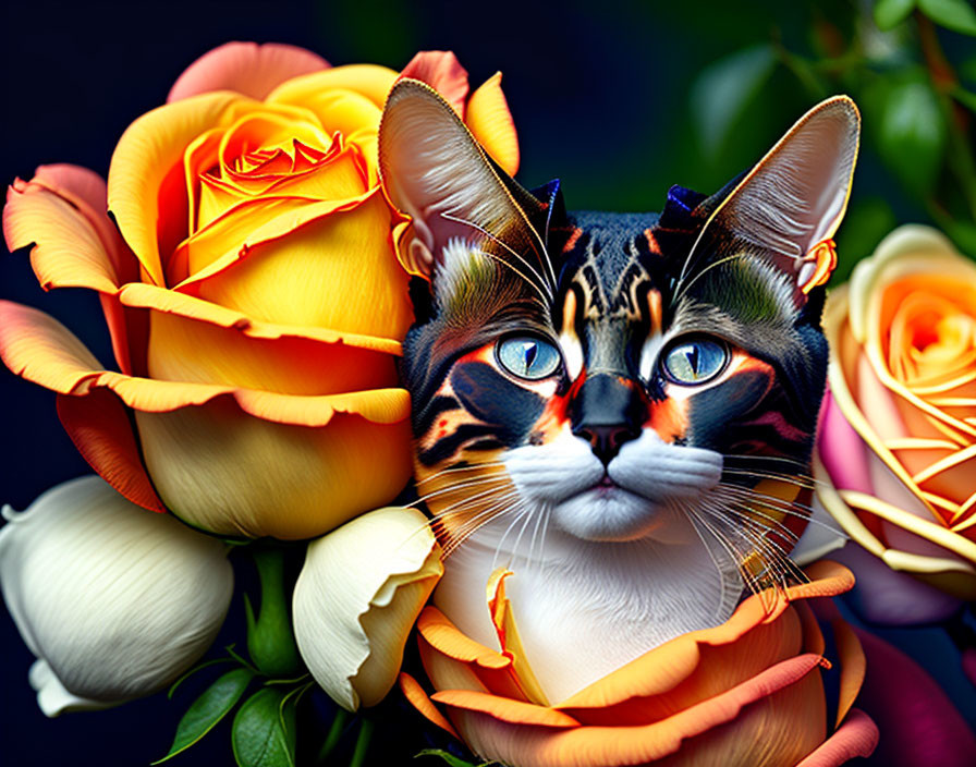 Colorful Cat with Rose Petal Markings Surrounded by Vibrant Roses