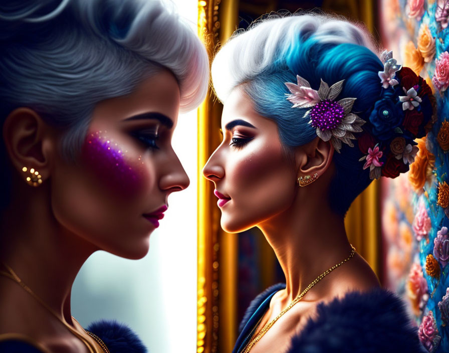 Stylized women with blue hair and floral accents in mirror reflection