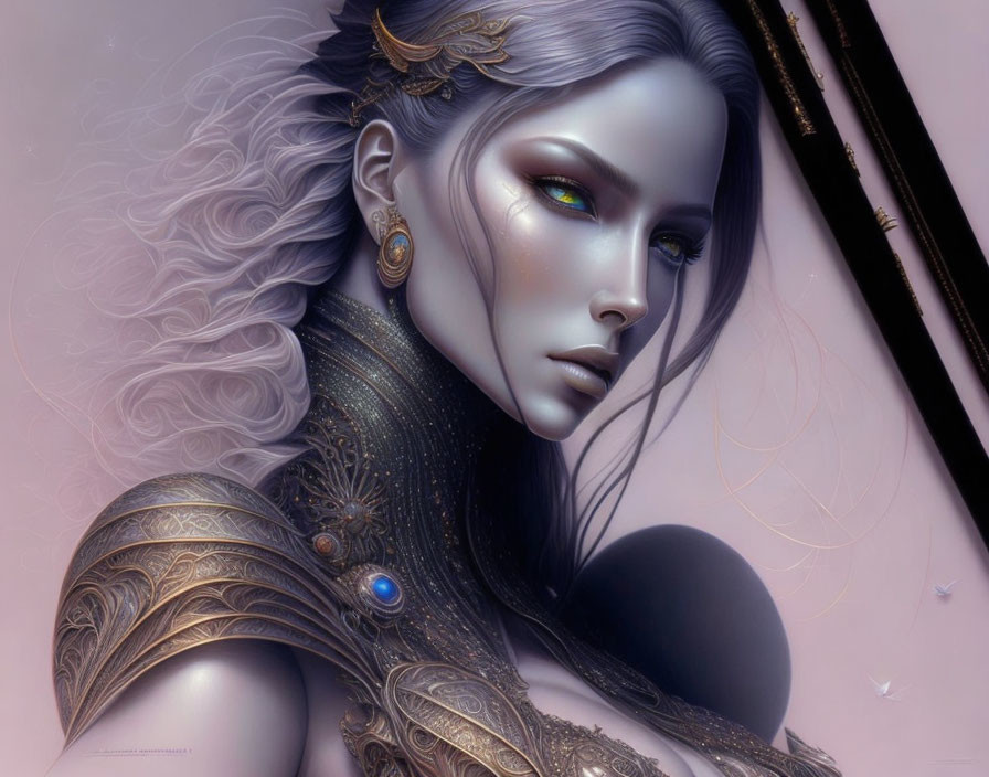 Fantasy woman with metallic armor, intricate designs, pale skin, white hair, and luminous green